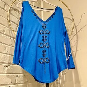 BEBE Blue V-neck Top - Size S/P - With Sleeves